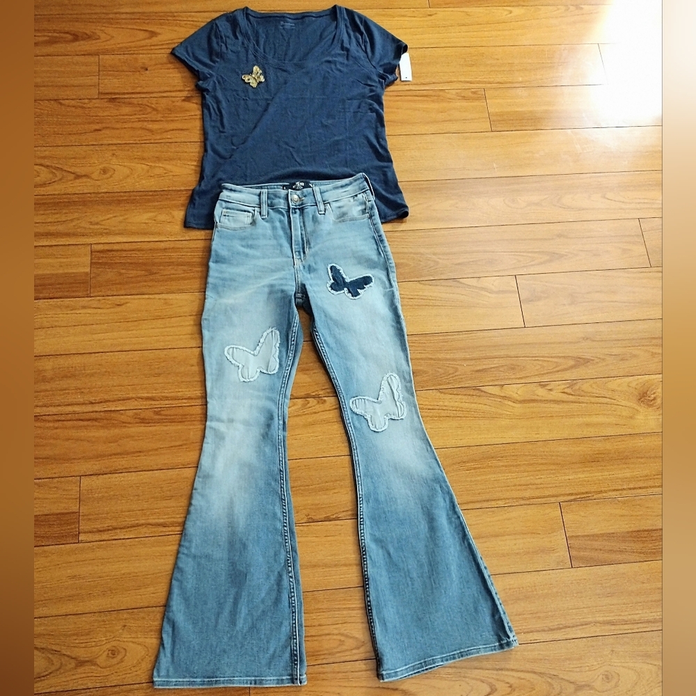 Women's Blue Butterfly Patch Jeans W/ Brooch
